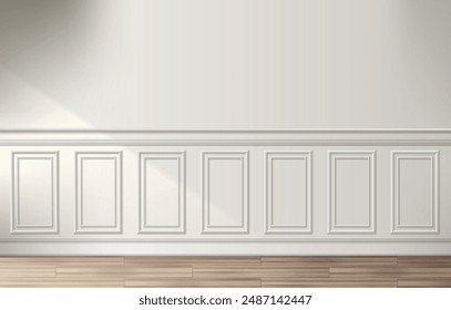 Room interior with white classic wall panel and wooden floor. Light background with luxury elegant molding frames. Realistic 3d vector illustration of home or office design with moulding and parquet