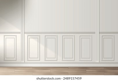 Room interior with white classic wall panel and wooden floor. Light background with luxury elegant molding frames. Realistic 3d vector illustration of home or office design with moulding and parquet