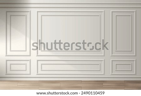 Room interior with white classic wall panel and wooden floor. Light background with luxury elegant molding frames. Realistic 3d vector illustration of home or office design with moulding and parquet