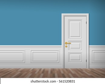 Room Interior With White Door Wooden Floor And Wall Panels