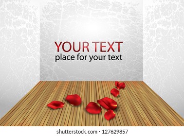 Room Interior With White Wall And Wood Floor With Rose Petals And Place For Text