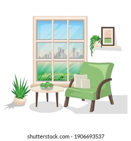 Interior de habitación con ventana, sillón y mesa baja durante el día. Conjunto vectorial de ilustraciones para el interior de la habitación aisladas en un fondo blanco.