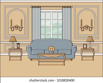Room interior with window. Vector. Living room in flat design. Linear background. Home space with furniture in line art. Outline illustration. Salon in classic style. Cartoon house in pastel colors.
