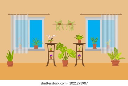Room interior with windows and house plants. Vector illustration