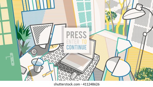 Room interior. Workspace. Pop art style background