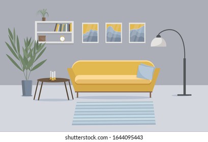 Room interior with a yellow sofa, potted flowers, a floor lamp and paintings on the wall. Vector flat style.