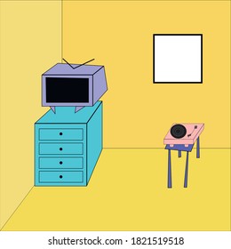 Room interior with yellow walls, purple television, blue curbstone, violet chair, pink turntable and empty frame