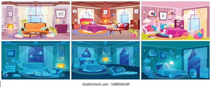 Room interiors flat vector illustrations set. Daytime and night time home interiors view. Classic living room and bedroom design. Fireplace with burning flames. Cartoon messy and tidy apartment