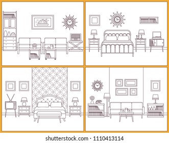 Room interiors. Vector. Linear living room and bedroom with furniture. Flat line art design house scene. Retro home illustration. Set outline sketch. Vintage style. Hotel background with bed and sofa.