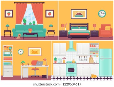 Room interiors. Vector. Living room, bedroom, kitchen, workplace with furniture in flat design. Cartoon house equipment sofa, bed, drawer, table, lamp, window. Cozy home, hotel. Set illustration.