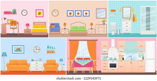 Room interiors. Vector. Living room, bedroom, bathroom, nursery, dining, kitchen in flat design. Home inside. Cartoon domestic apartment with window. House hotel equipment, furniture. Set illustration