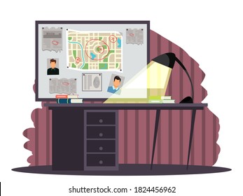 Room For Investigating Crime Background. Searching Man And Evidence By Detective Agent Or Spy. Police Detective Work Vector Illustration. Front View Of Board With Map, Newspaper Cuts, Photograph.