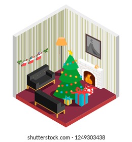 Room isometric with christmas tree,fireplace, santas boot for sweets,and gifts, top view.Home decoration for the holiday Merry Christmas or New year scene