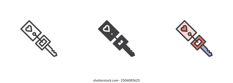 Room key and heart tag different style icon set. Line, glyph and filled outline colorful version, outline and filled vector sign. Symbol, logo illustration. Vector graphics