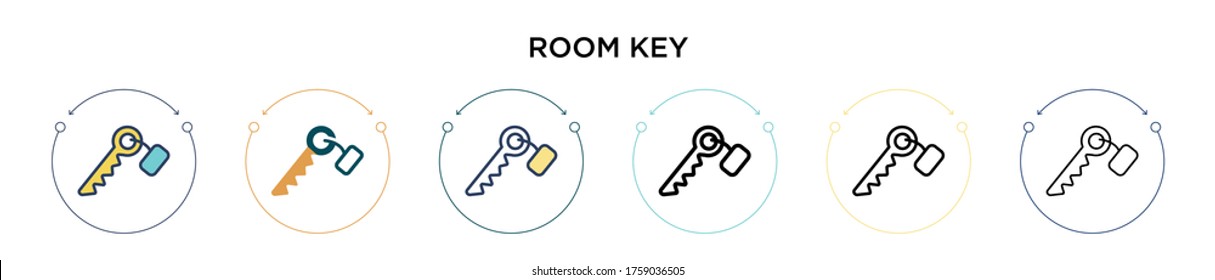 Icono de la tecla de la habitación en estilo relleno, delgado, contorno y trazo. Ilustración vectorial de dos diseños de iconos vectoriales de habitación negra y de color se pueden utilizar para móviles, ui, web