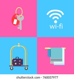 Room key with trinket, wifi connection icon, briefcase with stickers on trolley and towels on hangers isolated vector illustrations set.