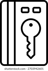 Design vetorial chave do quarto em estilo moderno, conceito de cartão de acesso do hotel e sistema de entrada de hóspedes, ilustração de acomodação. Ícone de Linha