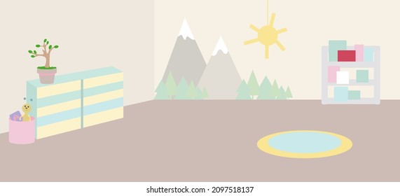 A room in a kindergarten with furniture and toys for children and a painted wall in delicate pastel colors. There is a rug on the floor and a paper sun on the ceiling. Panorama for your design.