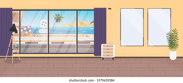 A room with a large panoramic window overlooking the sea, vector illustration.