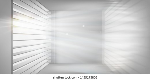 Room with a large window with blinds. Empty space for the exhibition. Vector illustration.