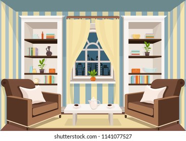 Habitación con una gran ventana que da a la ciudad de la noche, interior plano, dibujo colorido, ilustración vectorial. salón con armarios con libros, jarrones y plantas en ollas, sillones y mesa baja