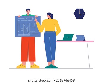 Room layout explanation drawn on blueprint paper, teamwork, semi-outline style, architect vector illustration.