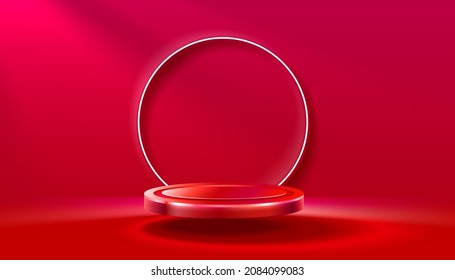 Room light studio, presentation scene illuminated, red background. Vector illustration 