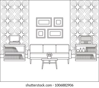 Room in line art. Retro living room interior 1960s. Linear illustration in flat design. Vector. Thin line vintage home space with sofa, vinyl turntable and radio. Black, white furniture. Outline sketch