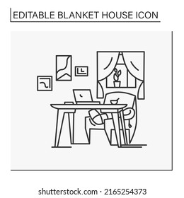 Room line icon. Cozy workplace in house. Desk, laptop and comfortable armchair. Home workspace. Blanket house concept. Isolated vector illustration.Editable stroke