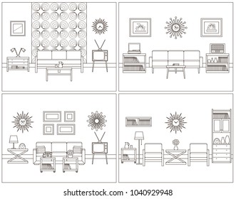 Room linear interior. Vector. Living rooms in line art. Flat design furniture. Thin line home space. Retro illustration. Outline sketch. Hand draw black white house equipment. Vintage background.