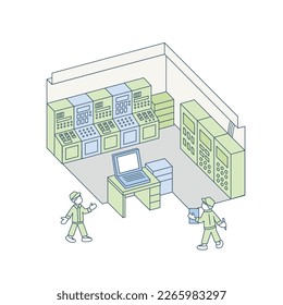 Ein von Maschinen gesäumtes Zimmer.
Die Arbeitnehmer kommen und gehen.