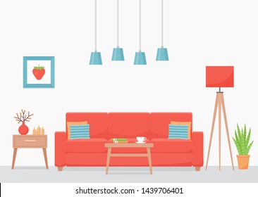 room, living, interior, vector, design, banner, background, wall, coral, sofa, couch, table, lamp, floor, coffee, vase, drawer, home, flat, house, template, furniture, indoor, inside, decoration, conc