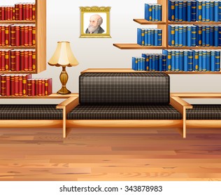 Room with lots of bookshelves illustration