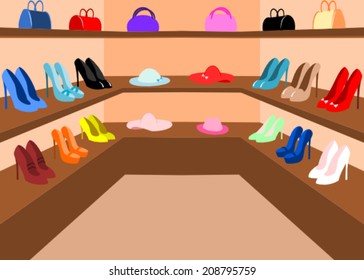 A room with lots of girl's shoes, hats and bags