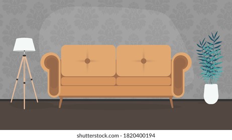 The room is made in dark colors. A lazy stylish sofa, a floor lamp, a houseplant in a white pot. Gray wallpaper with a pattern. Vector.