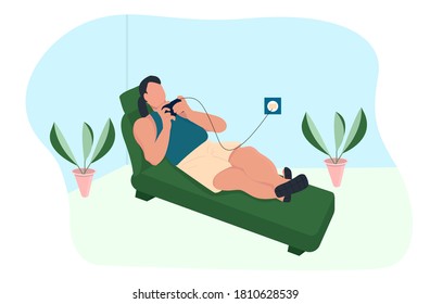 In the room a man lies on a sofa with a mobile phone in his hands online and plays a game or dials a phone number, vector illustration in a flat style