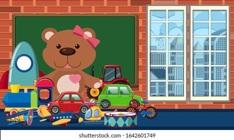 Room with many toys on the floor illustration