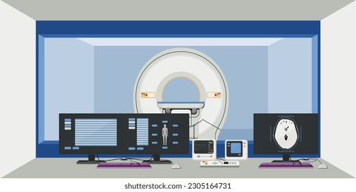 Room, MRI machine, high-intensity magnetic resonance imaging to produce realistic images of internal organs different parts of body, especially the brain, heart, bones, muscles In the laboratory