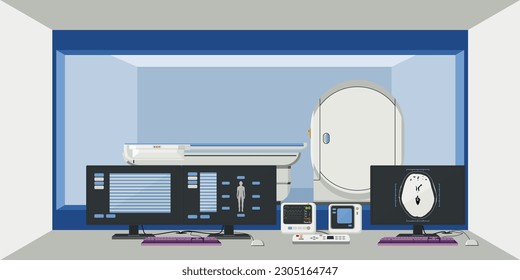 Room, MRI machine, high-intensity magnetic resonance imaging to produce realistic images of internal organs different parts of body, especially the brain, heart, bones, muscles In the laboratory