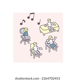 A room with music.
People relaxing happily.