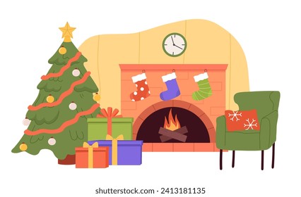 Room in New Years style. Christmas and winter holidays and vacations. Colorful gift boxes with Christmas tree and fireplace. Comfort and coziness indoor. Cartoon flat vector illustration