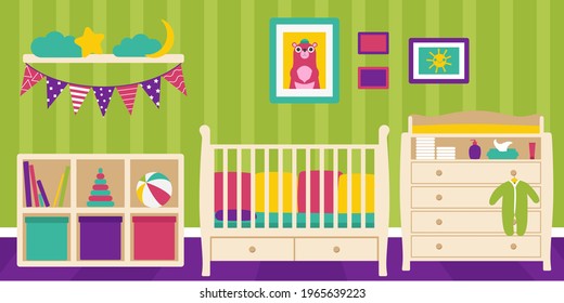 A Room For A Newborn Baby With A Crib, Changing Table, Shelf And Toys.