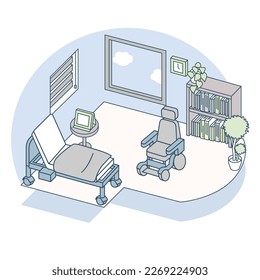 Room with nursing bed and electric wheelchair.
Clear sky seen from the window.