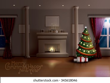 A room on idyllic Christmas full moon night with Christmas tree and fireplace. High detailed vector illustration with all elements in different layers.