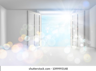 Room with an open window. Vector illustration.