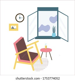 Zimmer mit offenem Fenster. Vektorgrafik, die in einem Artikel, Poster, Web-Anwendung verwendet werden kann. 
