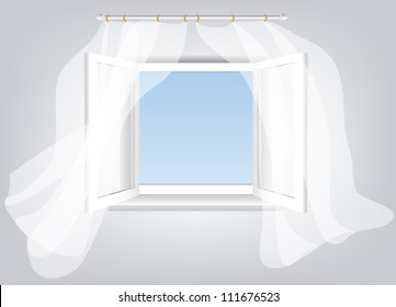 Room, opened window with empty space in blue sky and white flowing transparent curtains