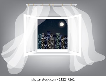 Room, opened window with night city scrape and curtains