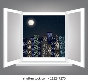 Room, opened window with night city scape