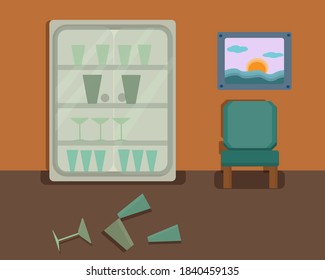 Room with orange wall and brown floor. Armchair in blue. Plus picture and empty glasses. Big closet with glasses.Flat, interior. design